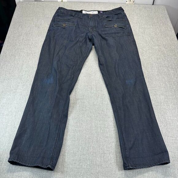 Vintage Akoo Jeans Mens 40x34 Blue Straight Relaxed Baggy Dark Wash Flap Pockets - Picture 1 of 9